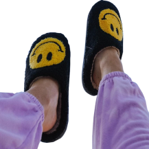 Slippers Fuzzy Smiley Face Black