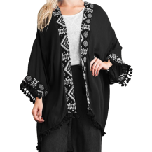 Cardigan Open Front Black with Print & Tassel